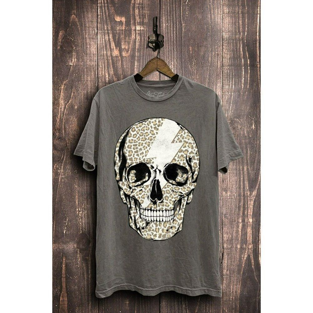 Bolt Skull Cheetah Print Graphic Tee Boho Rock n Roll Lotus Fashion Stone Grey
